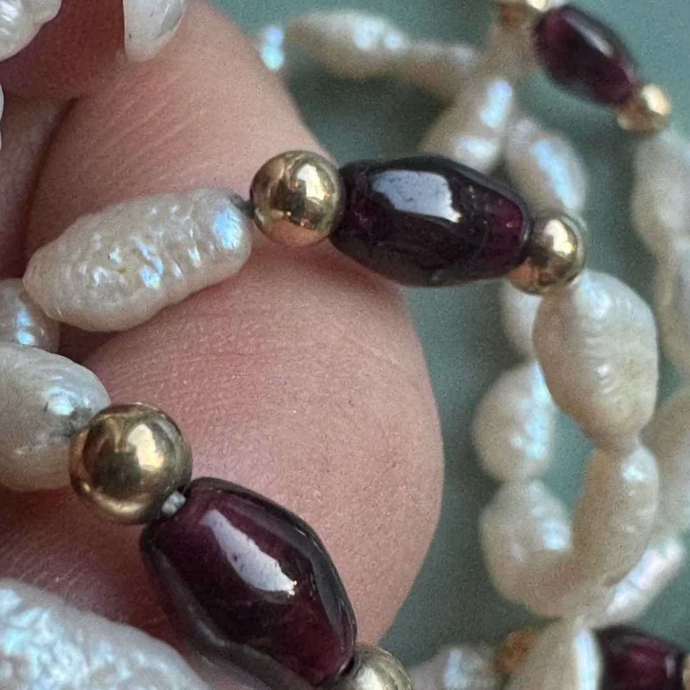 14k gold filled natural seed pearls and garnet long necklace - Picture 6 of 10